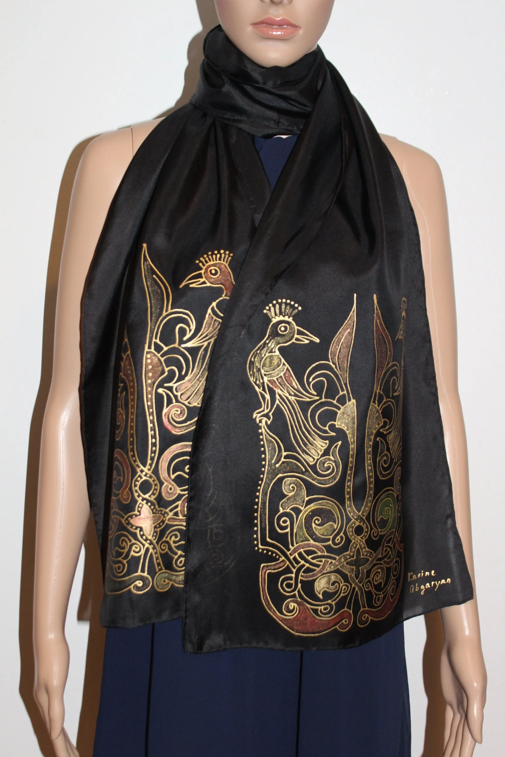 74-14 in Hand painted Armenian silk scarf, Long black gold scarf,Evening dress scarf, Armenian bird ornament