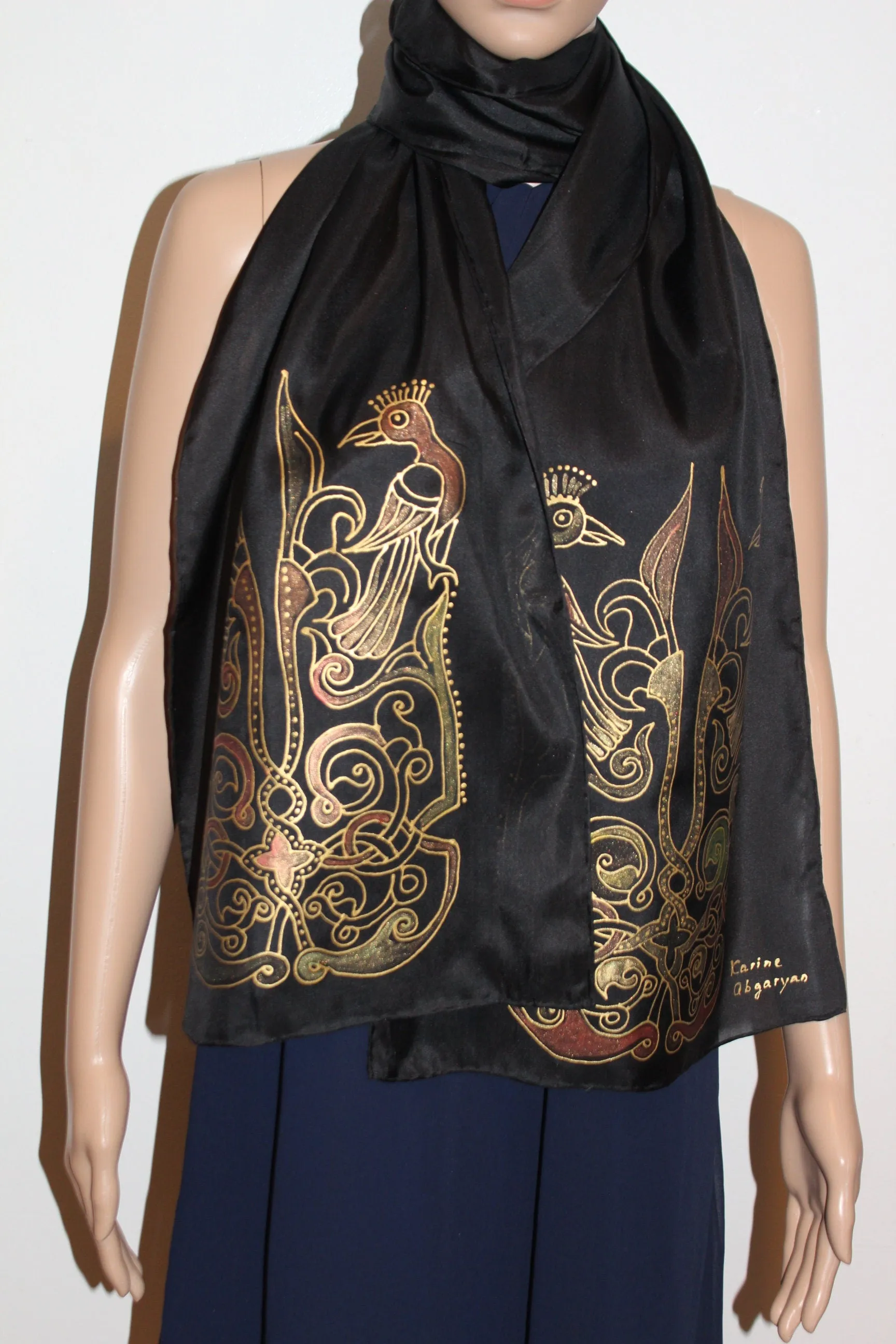 74-14 in Hand painted Armenian silk scarf, Long black gold scarf,Evening dress scarf, Armenian bird ornament
