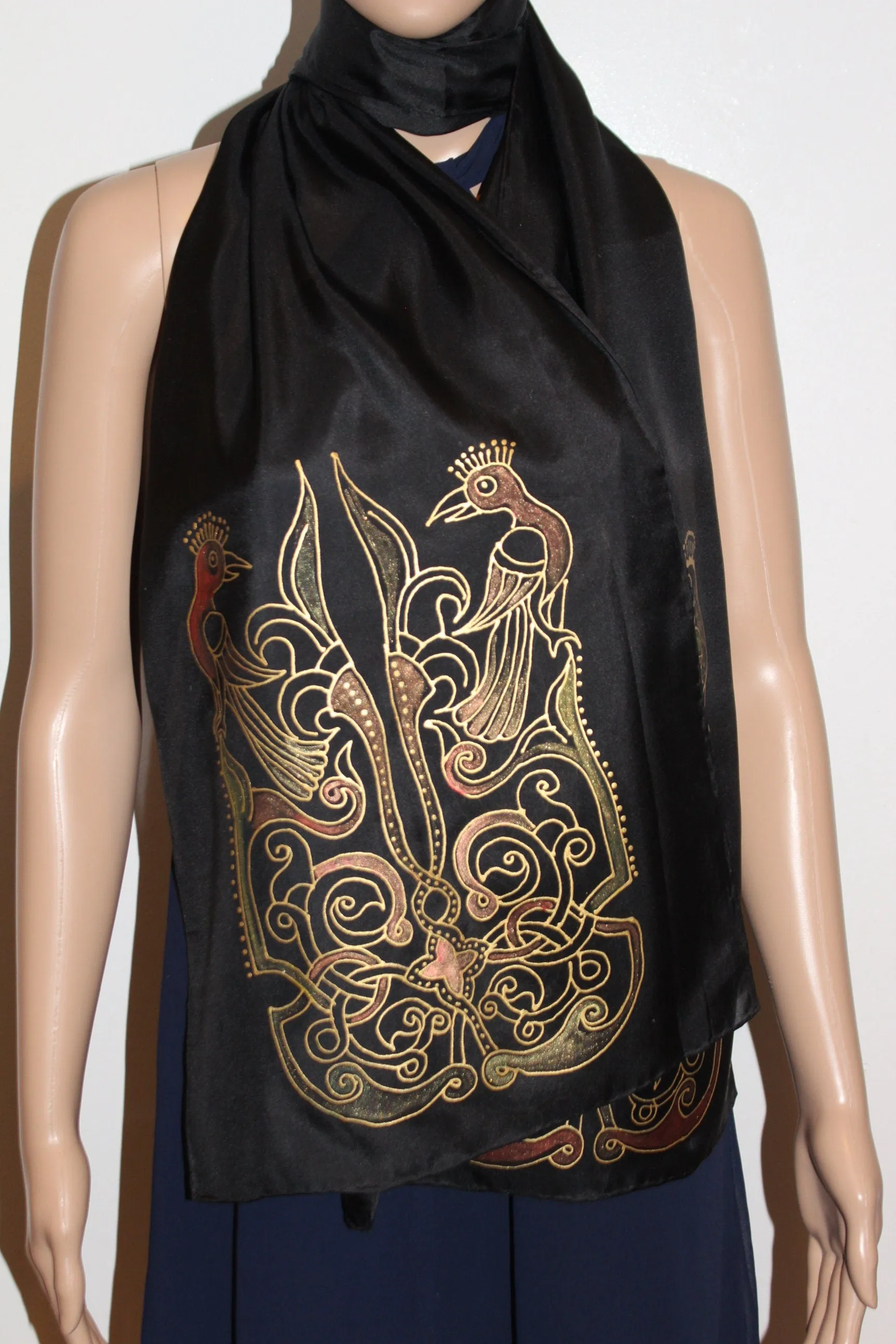 74-14 in Hand painted Armenian silk scarf, Long black gold scarf,Evening dress scarf, Armenian bird ornament