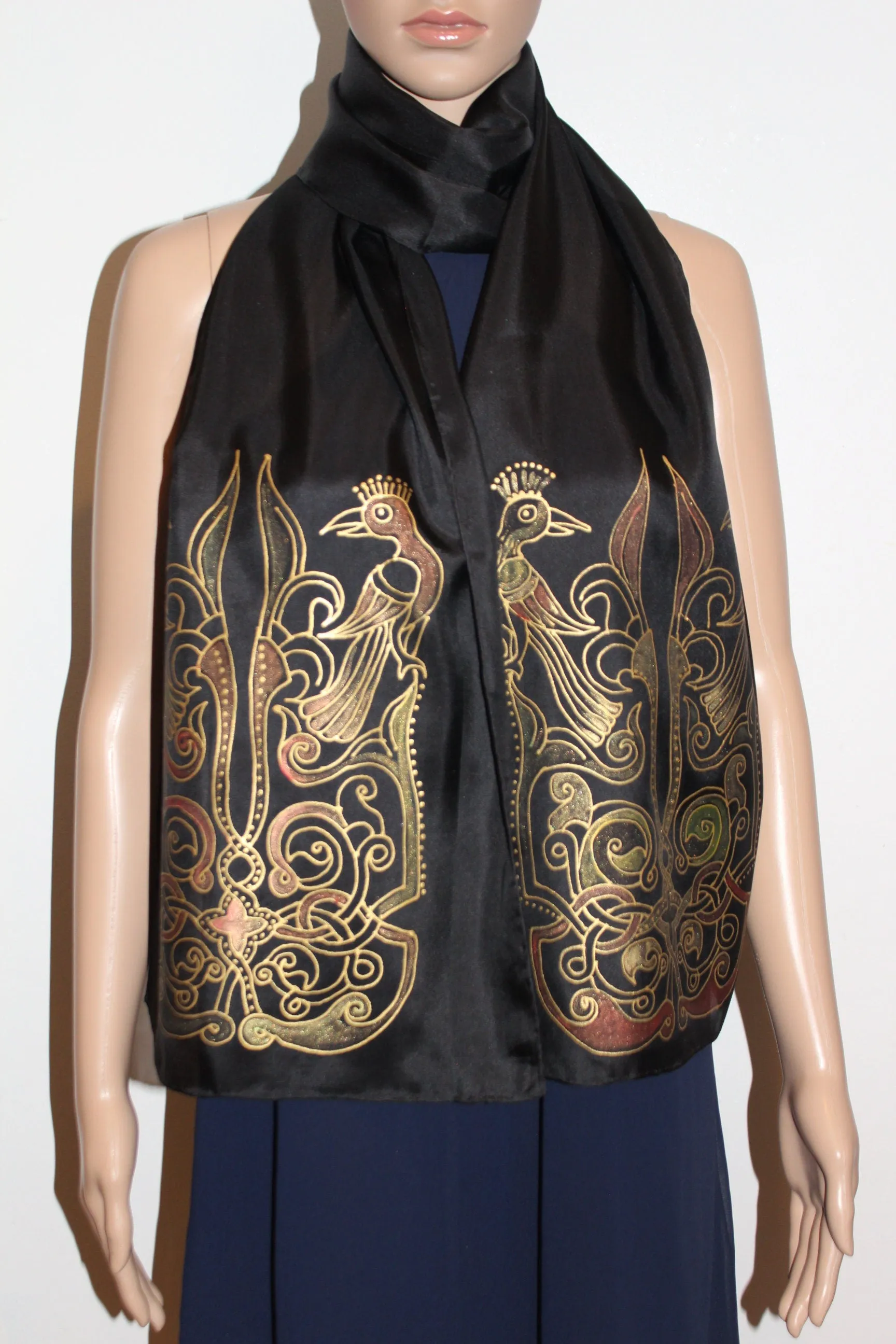 74-14 in Hand painted Armenian silk scarf, Long black gold scarf,Evening dress scarf, Armenian bird ornament