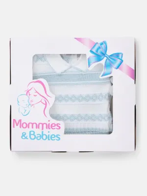 Baby Boy 2 Piece Striped Diamond Knit Pom-pom Gift Box Set-White & Baby Blue