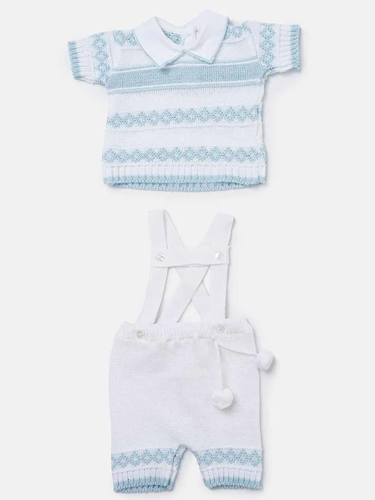Baby Boy 2 Piece Striped Diamond Knit Pom-pom Gift Box Set-White & Baby Blue