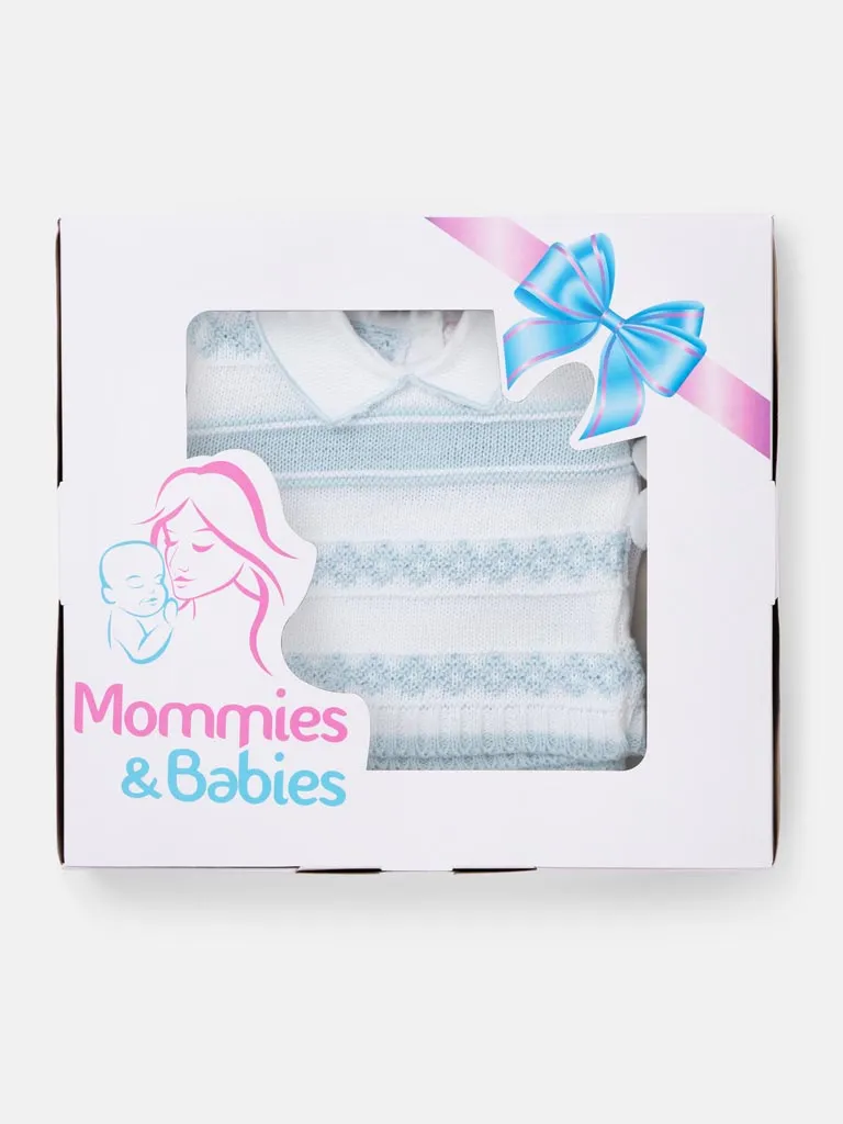 Baby Boy 2 Piece Striped Diamond Knit Pom-pom Gift Box Set-White & Baby Blue