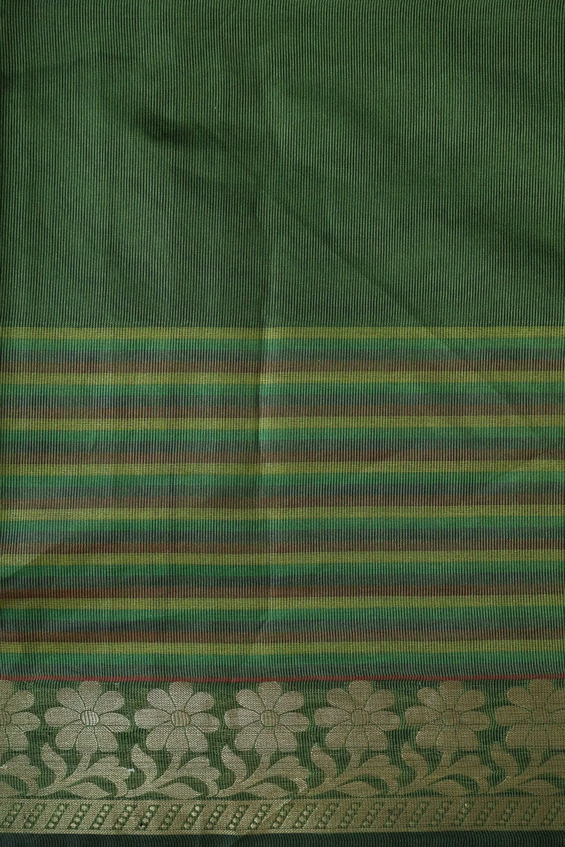 Beautiful Stripes With Floral Zari Jacquard Border Dark Olive Organza Fabric