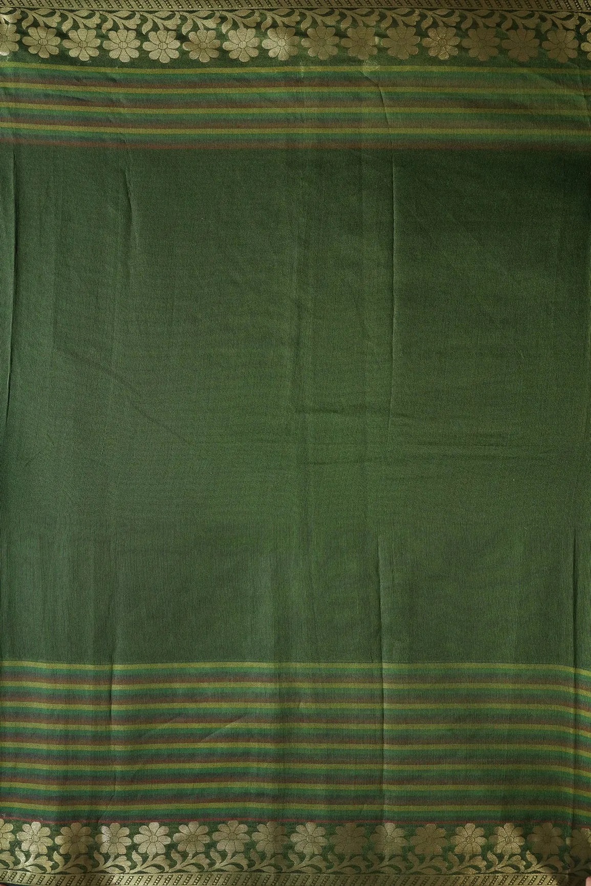 Beautiful Stripes With Floral Zari Jacquard Border Dark Olive Organza Fabric