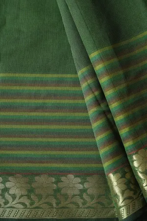 Beautiful Stripes With Floral Zari Jacquard Border Dark Olive Organza Fabric