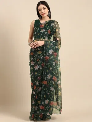Bottle Green Floral Digital Print Organza Saree