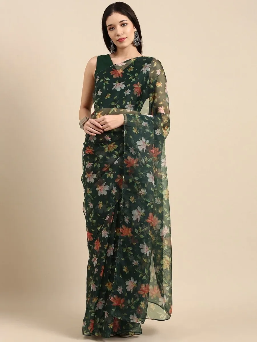 Bottle Green Floral Digital Print Organza Saree