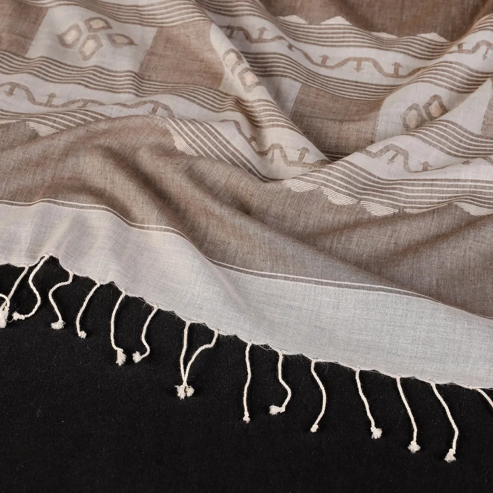 Brown - Authentic Dhakai Muslin Jamdani Handwoven Pure Cotton Stole with Tassels