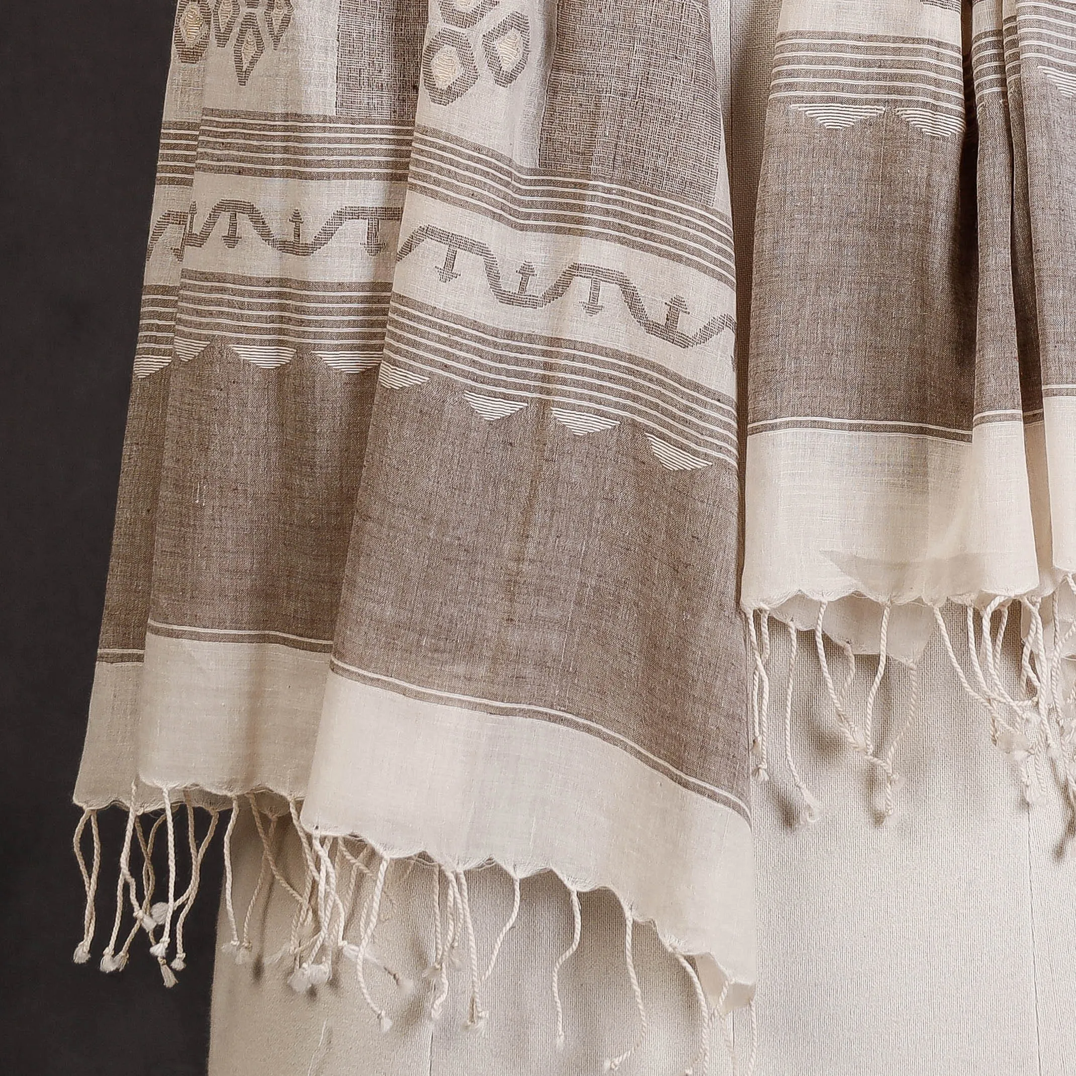 Brown - Authentic Dhakai Muslin Jamdani Handwoven Pure Cotton Stole with Tassels