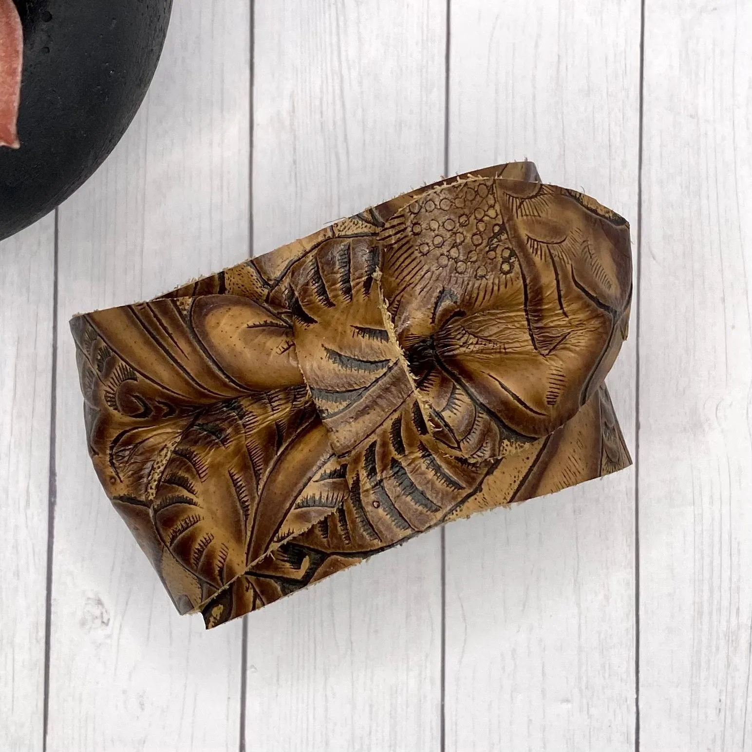 Brown Embossed Floral Genuine Leather Bow Cuff Bracelet