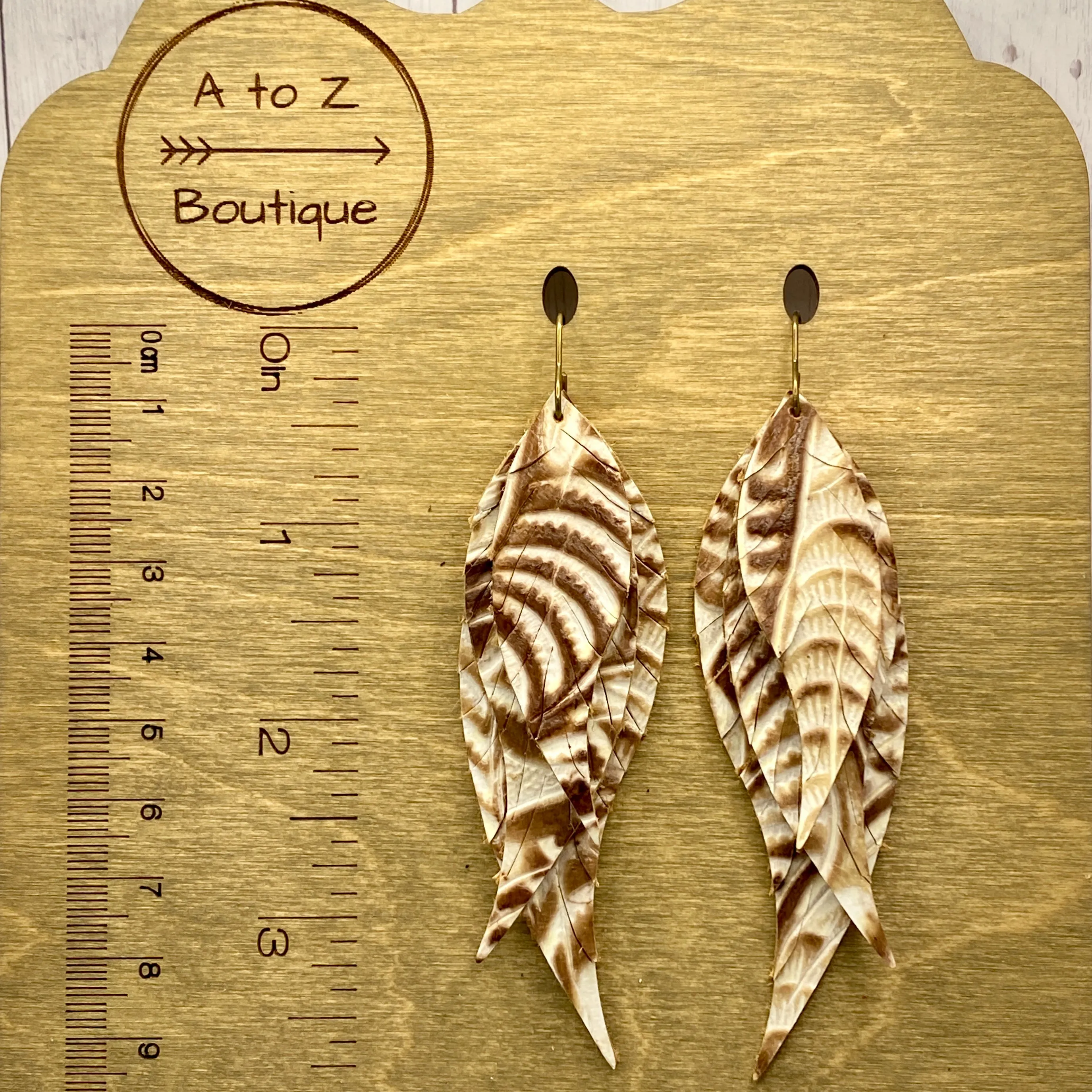 Cream and Brown Embossed Leather Feather Earrings