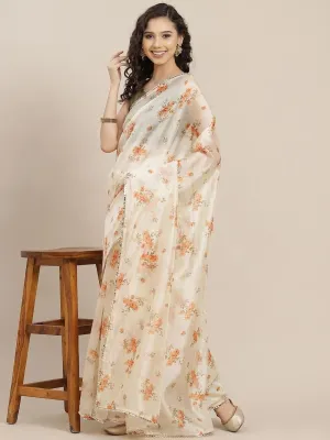 Cream Digital Print Organza Saree