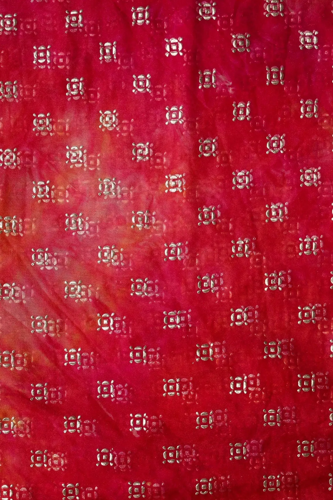 Dark Pink And Orange Tie & Dye Shibori Small Motif Foil Print On Organza Fabric