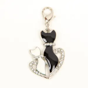 Elegant Cat Charm with Two Enamel Cats in Rhinestone Heart