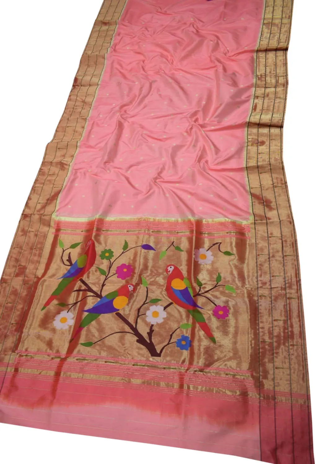 Elegant Pink Handloom Paithani Silk Saree with Triple Muniya Border
