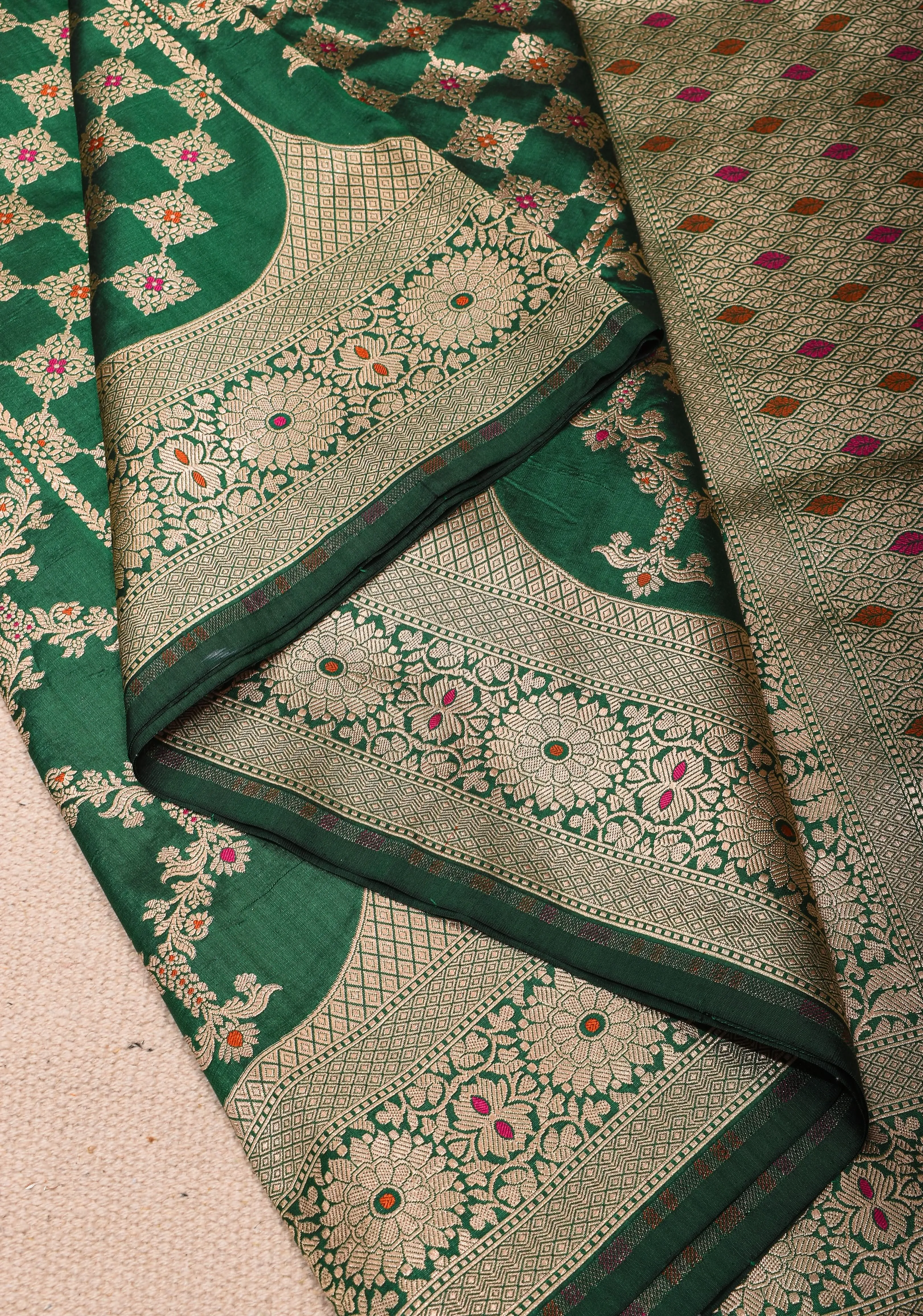 Green Pure Katan Silk saree with Trendy Meenakari design and Zari borders | SILK MARK CERTIFIED