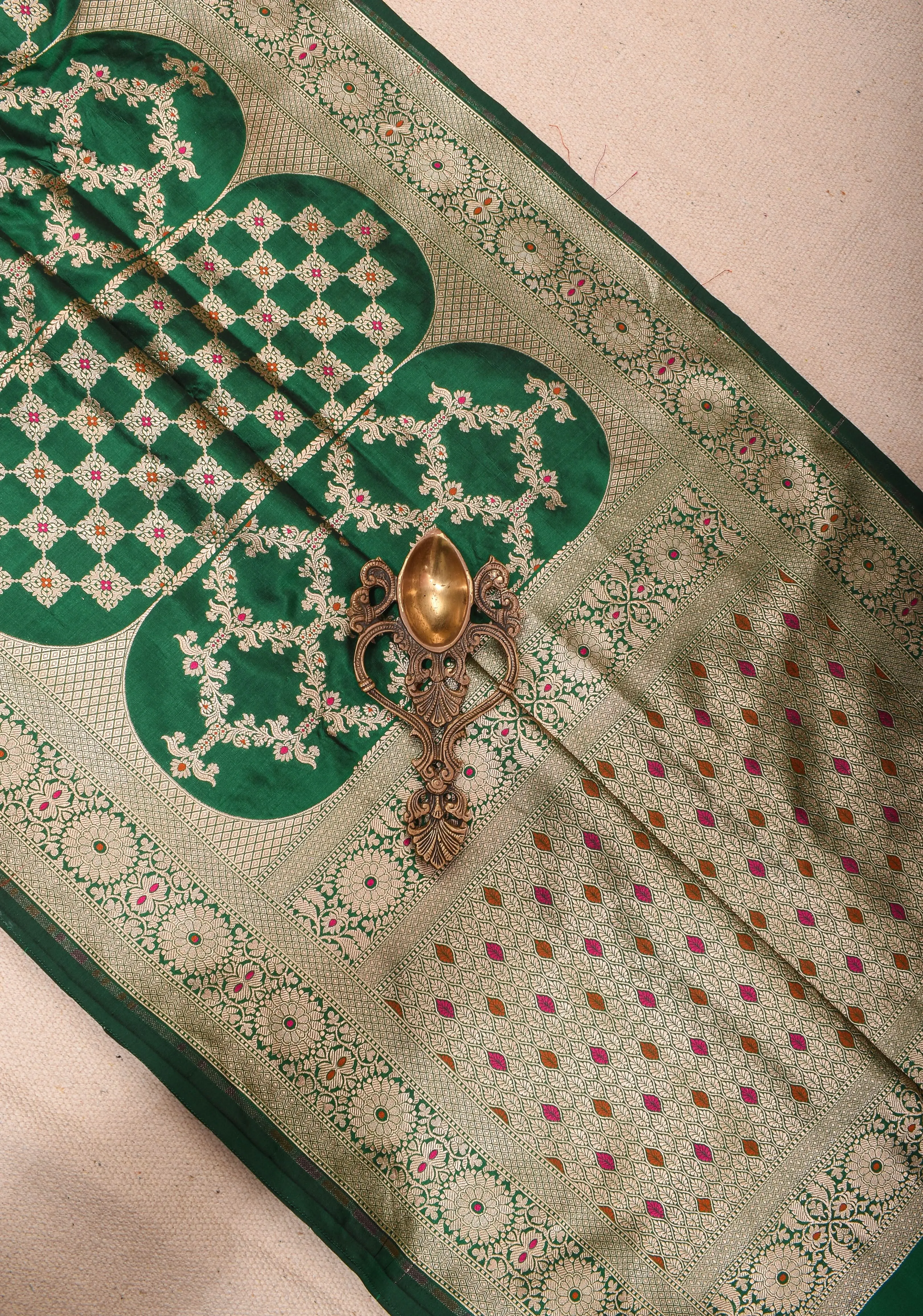 Green Pure Katan Silk saree with Trendy Meenakari design and Zari borders | SILK MARK CERTIFIED