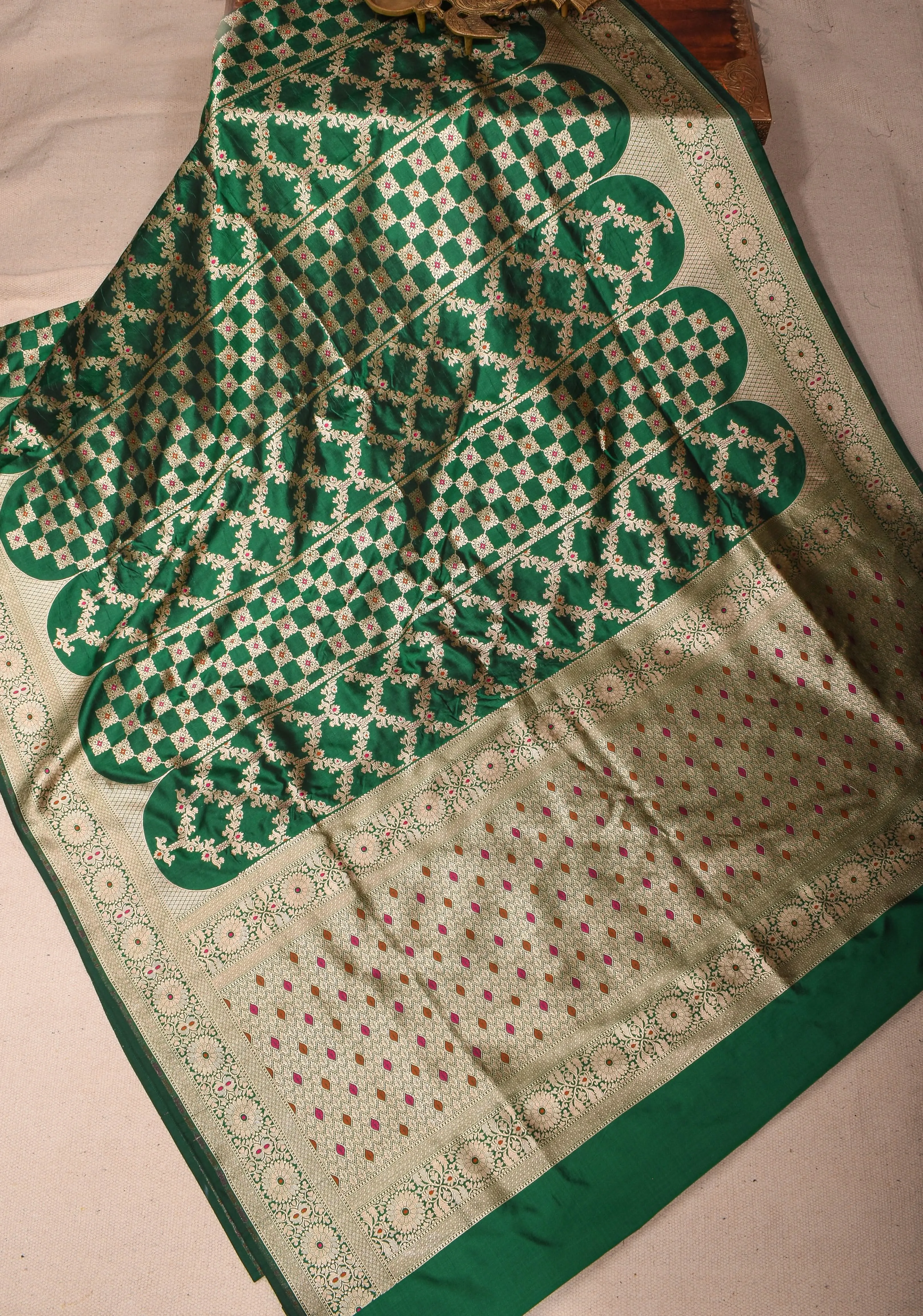 Green Pure Katan Silk saree with Trendy Meenakari design and Zari borders | SILK MARK CERTIFIED