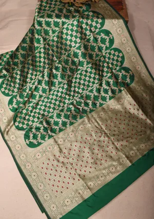 Green Pure Katan Silk saree with Trendy Meenakari design and Zari borders | SILK MARK CERTIFIED