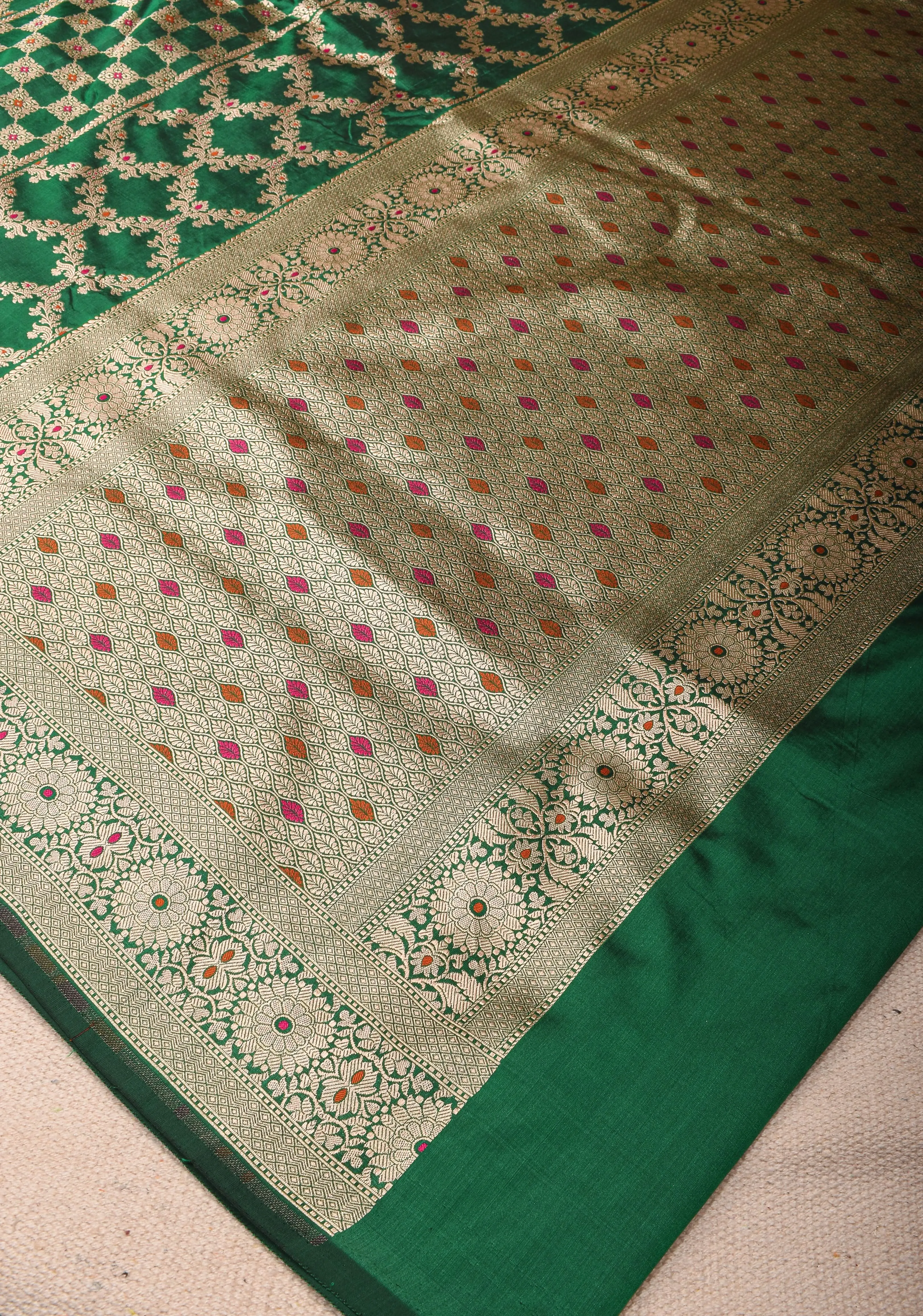 Green Pure Katan Silk saree with Trendy Meenakari design and Zari borders | SILK MARK CERTIFIED