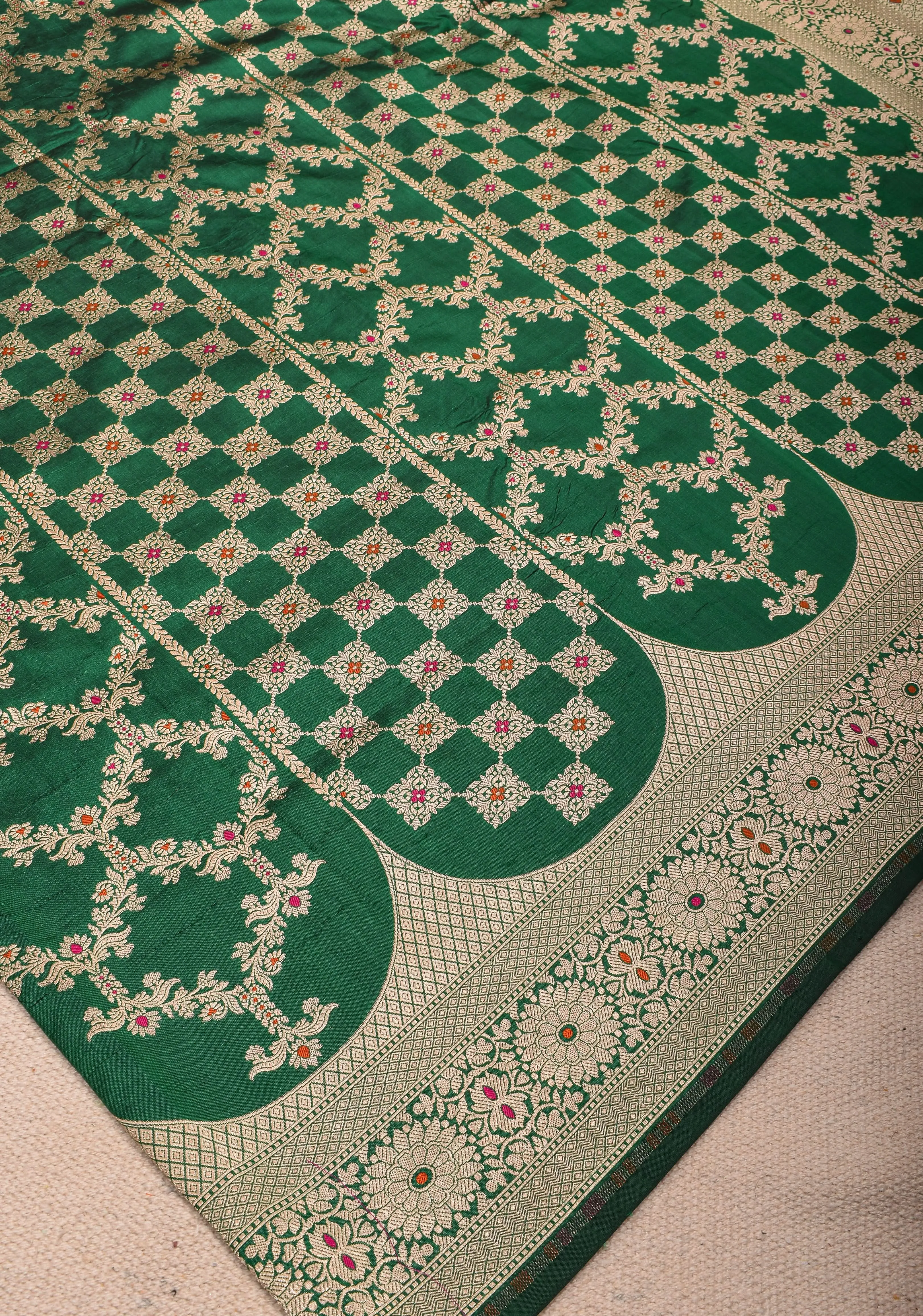 Green Pure Katan Silk saree with Trendy Meenakari design and Zari borders | SILK MARK CERTIFIED
