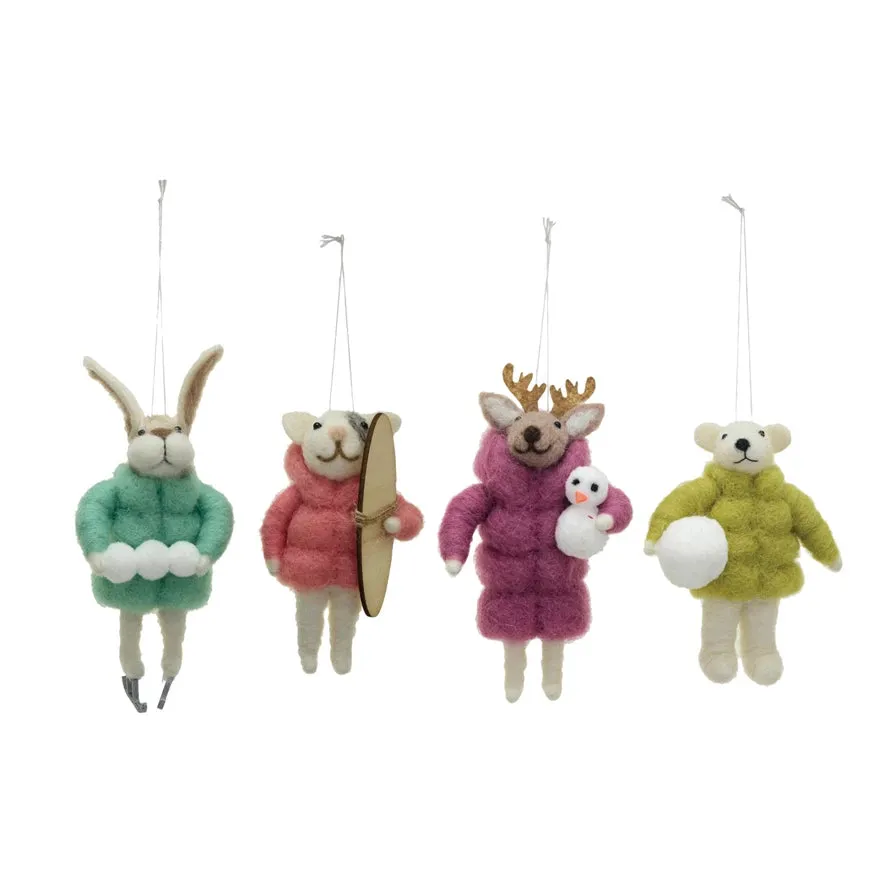 Handmade Wool Felt Animal in Winter Coat Ornament - 4 Styles