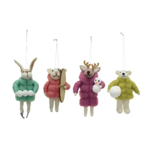 Handmade Wool Felt Animal in Winter Coat Ornament - 4 Styles