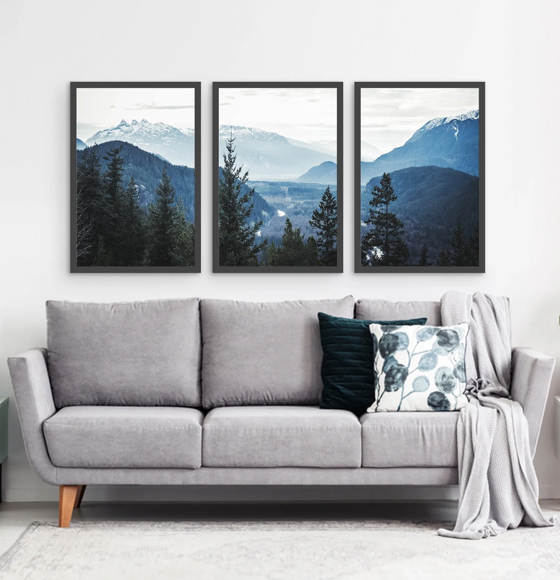 Indigo Blue Great Mountains Framed Tiptych Wall Art