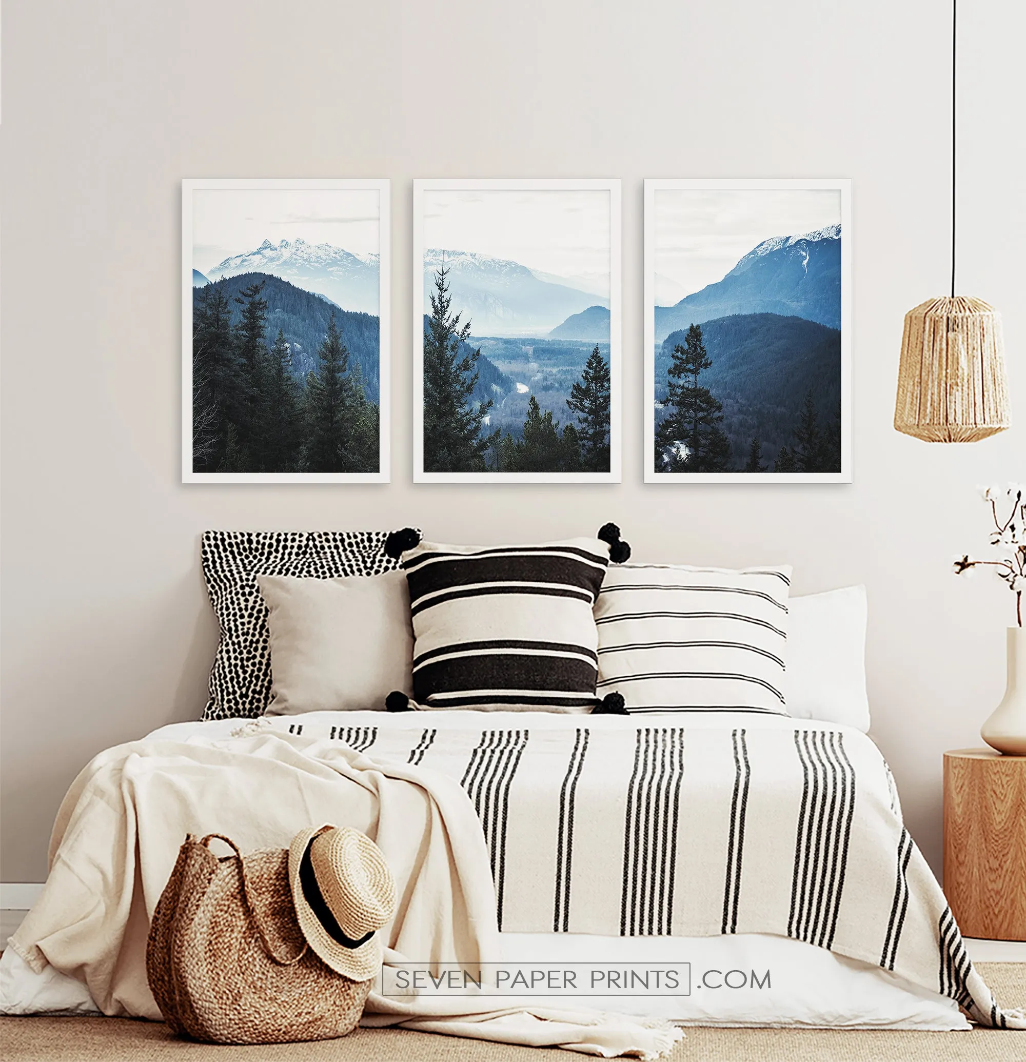 Indigo Blue Great Mountains Framed Tiptych Wall Art