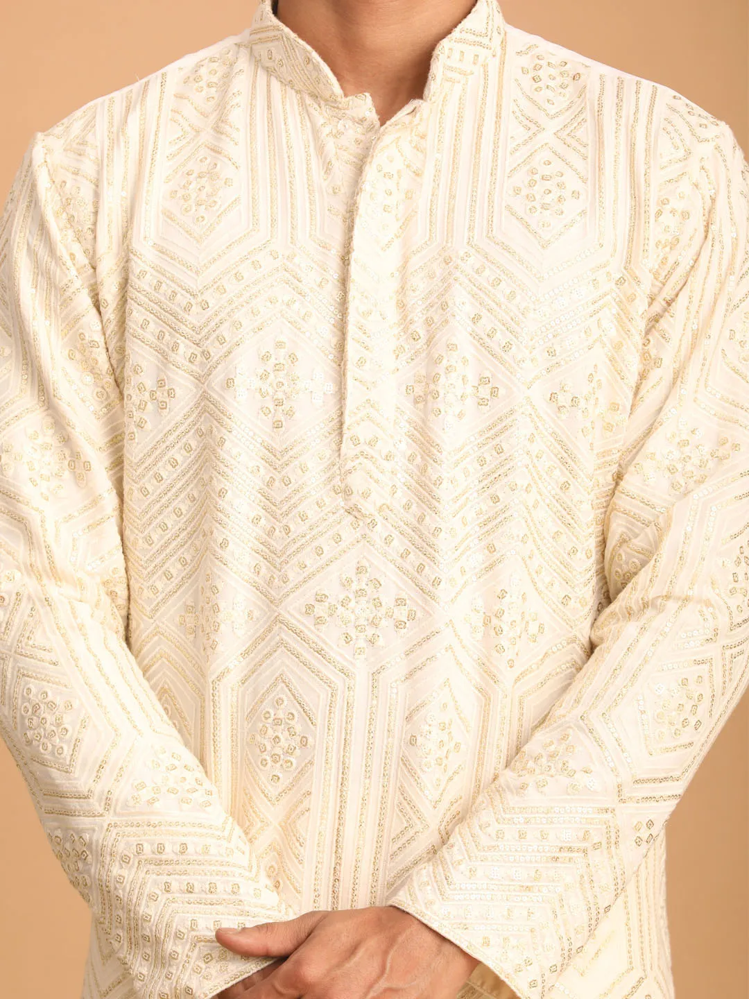 Jashvi Men's Cream Golden Sequin Embroidered Kurta