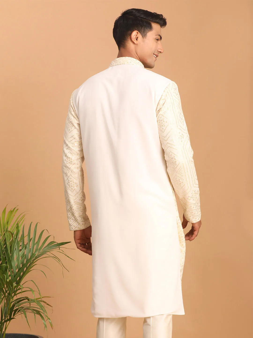 Jashvi Men's Cream Golden Sequin Embroidered Kurta