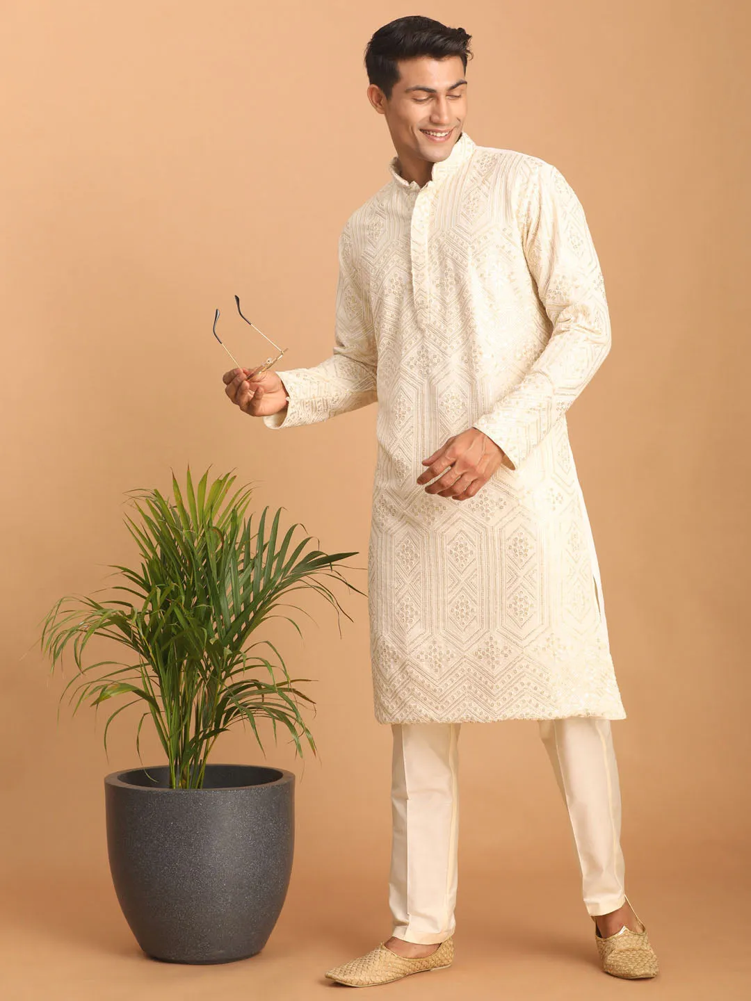 Jashvi Men's Cream Golden Sequin Embroidered Kurta