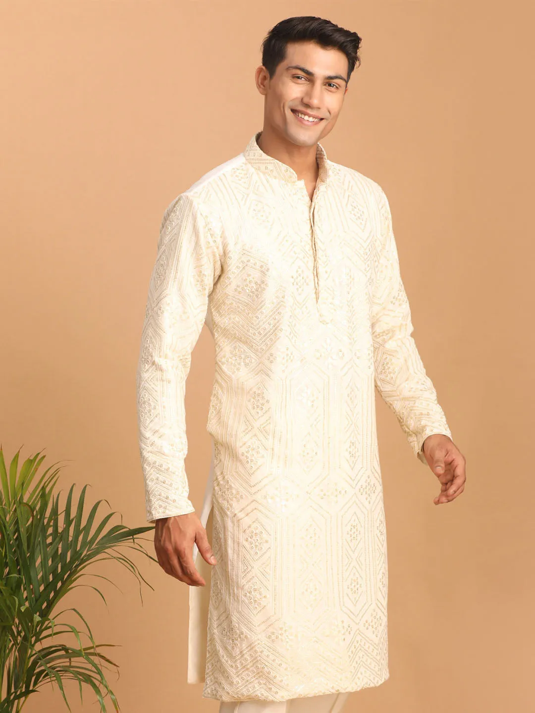Jashvi Men's Cream Golden Sequin Embroidered Kurta