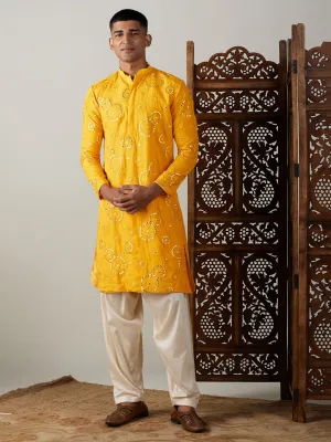 Jashvi Men's Yellow Embroidered Kurta Patiala Set