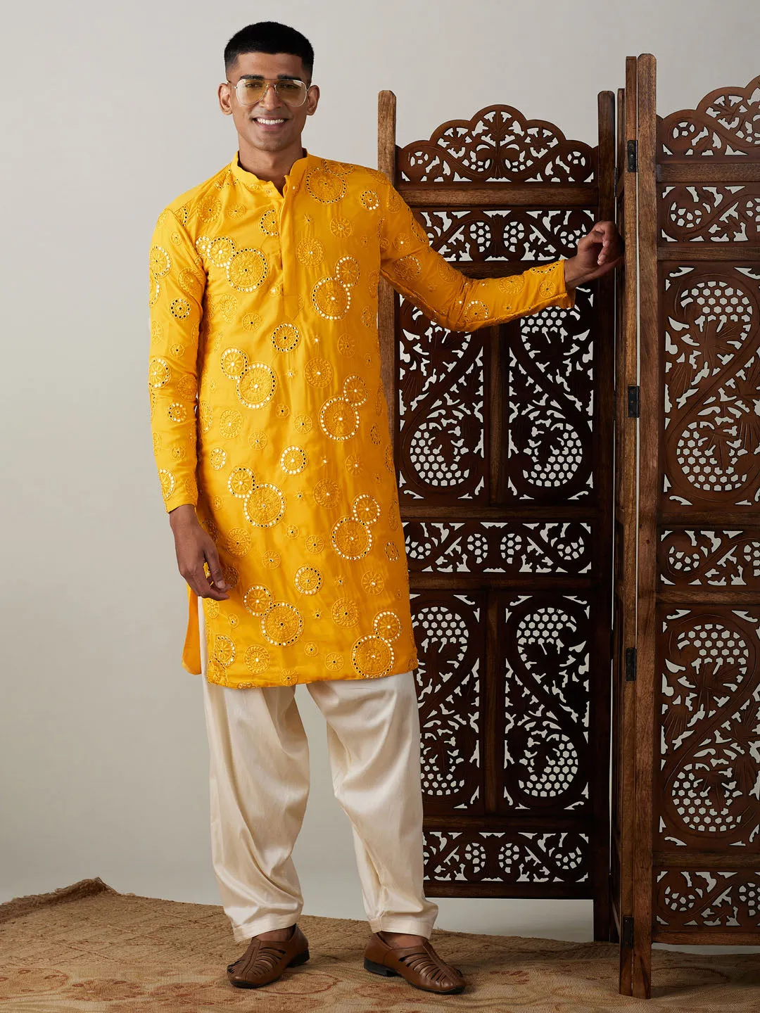 Jashvi Men's Yellow Embroidered Kurta Patiala Set