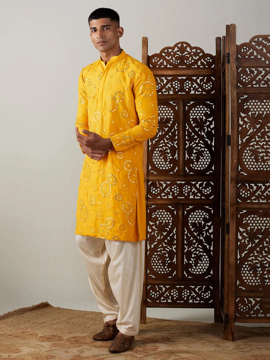 Jashvi Men's Yellow Embroidered Kurta Patiala Set