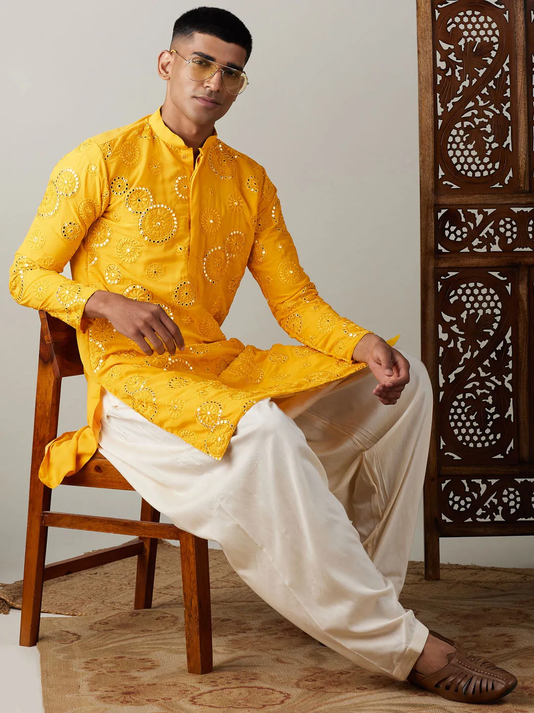 Jashvi Men's Yellow Embroidered Kurta Patiala Set