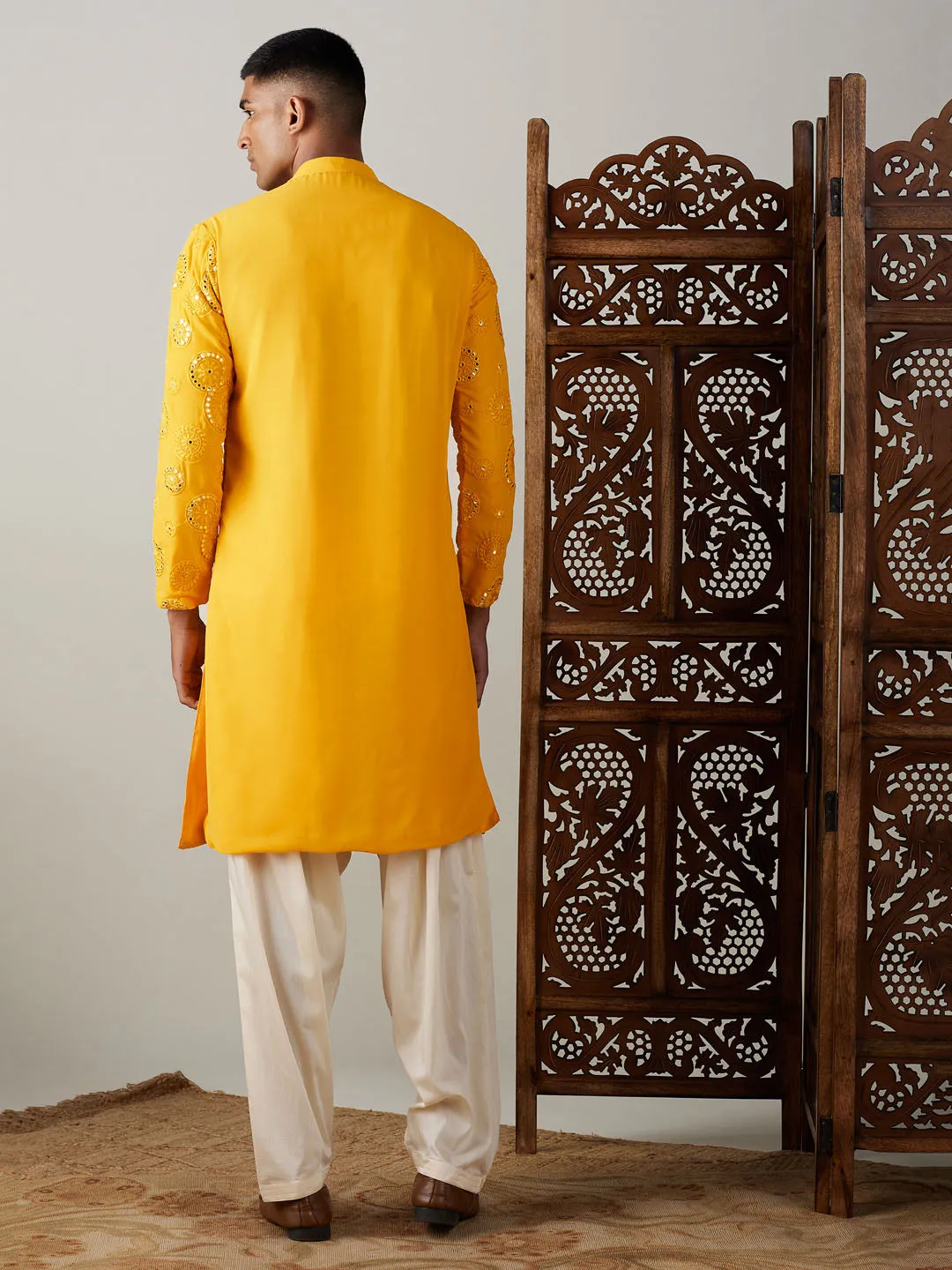 Jashvi Men's Yellow Embroidered Kurta Patiala Set