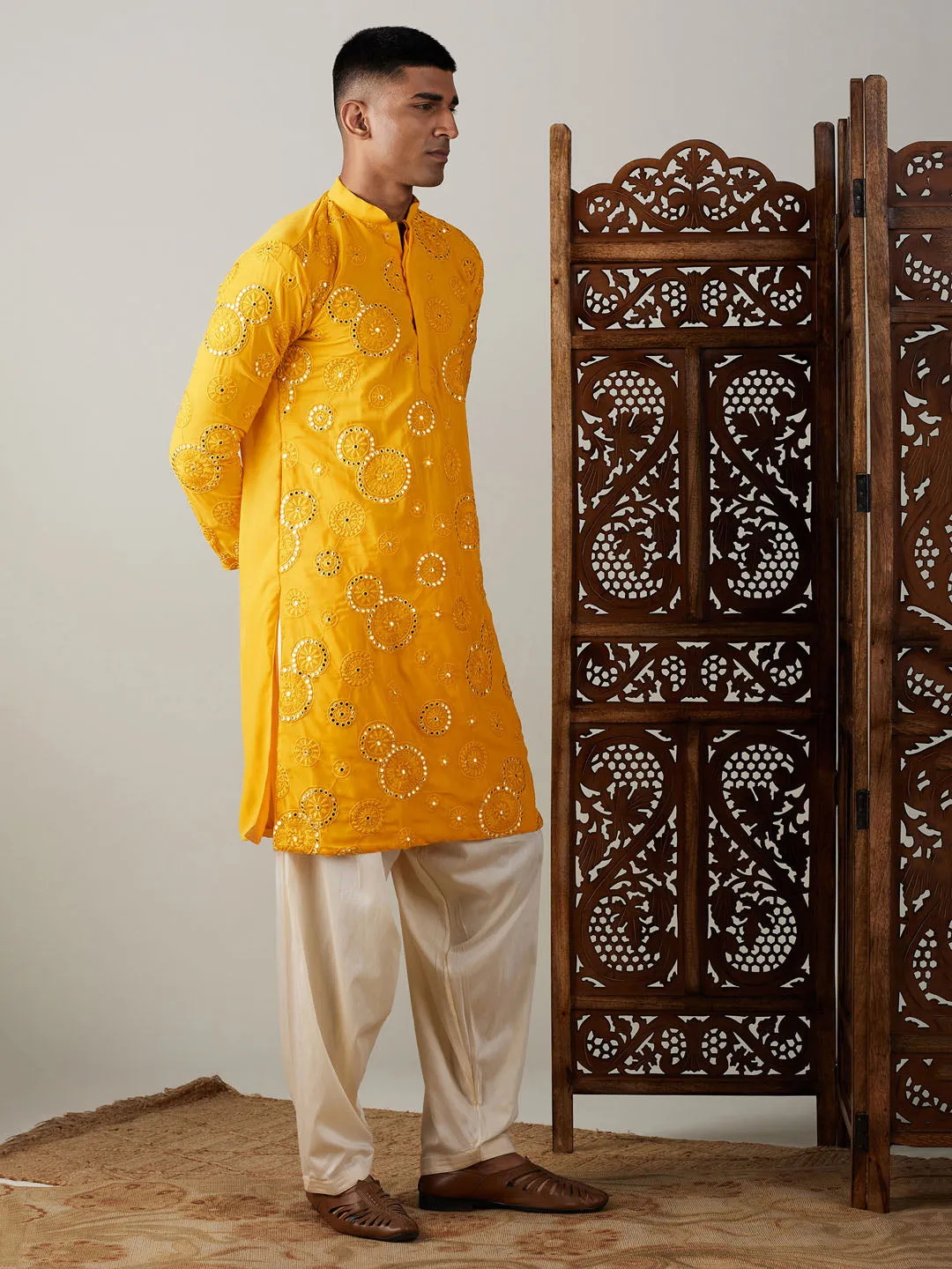 Jashvi Men's Yellow Embroidered Kurta Patiala Set