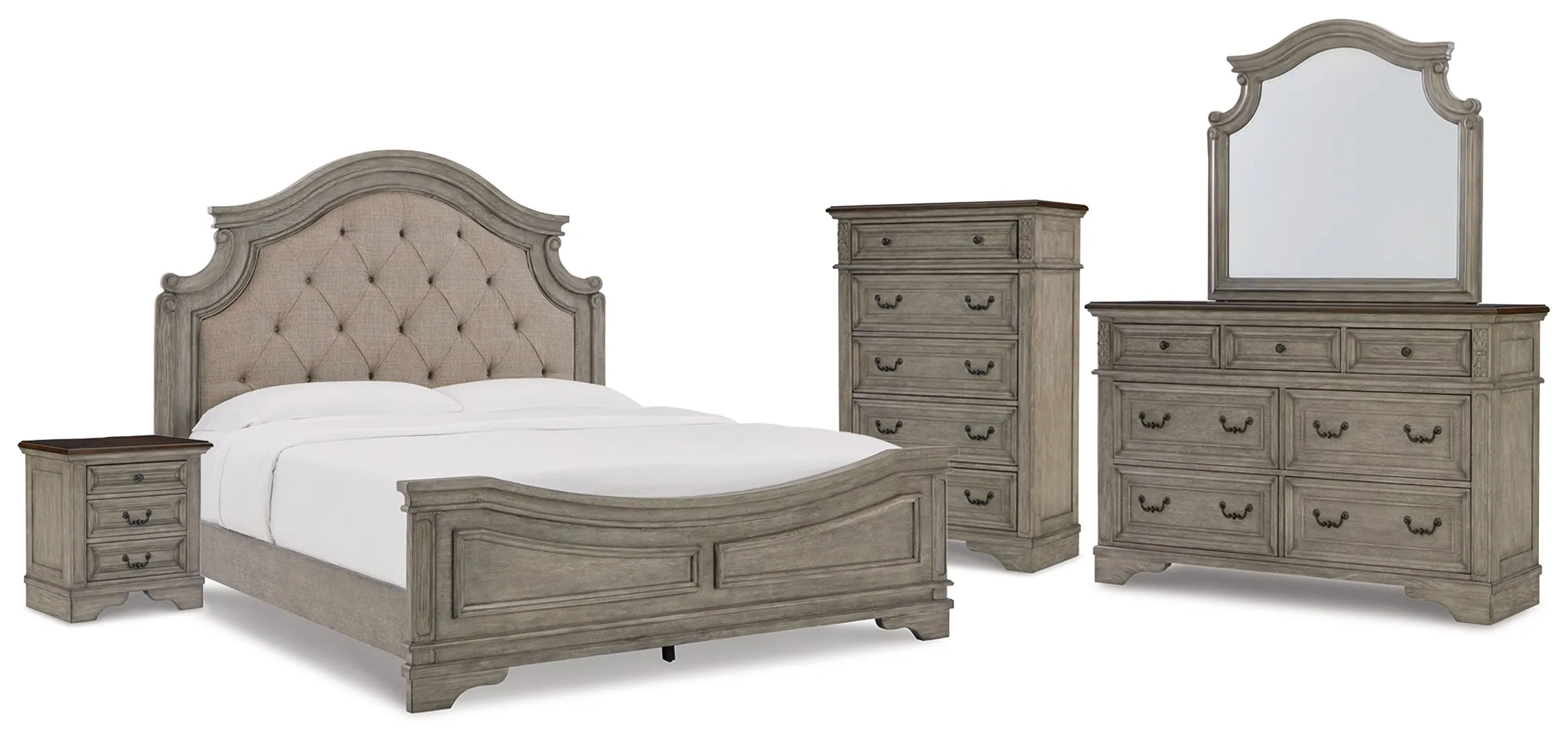 Lodenbay California King Panel Bed with Mirrored Dresser, Chest and Nightstand in Antique Gray