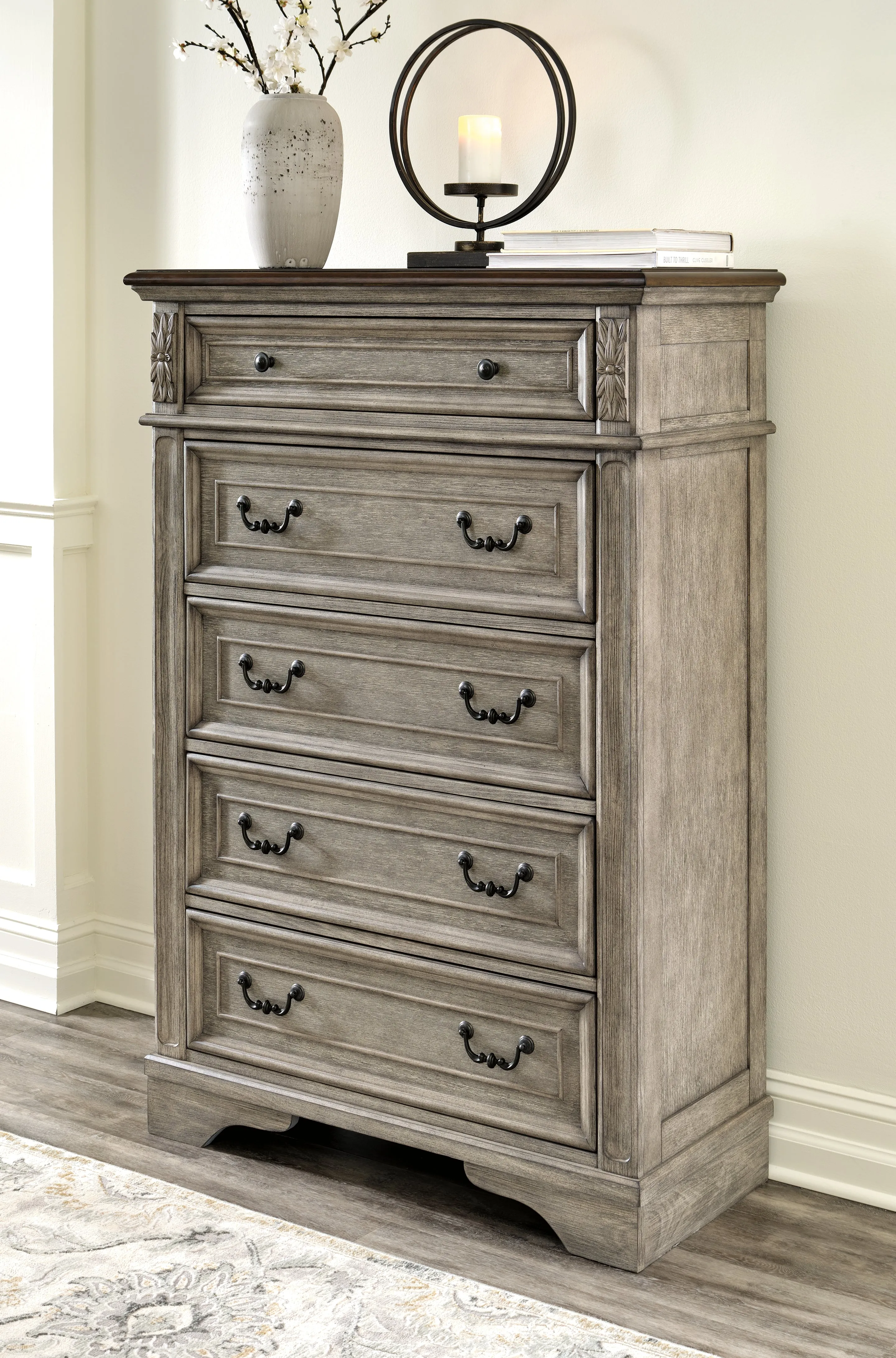 Lodenbay California King Panel Bed with Mirrored Dresser, Chest and Nightstand in Antique Gray