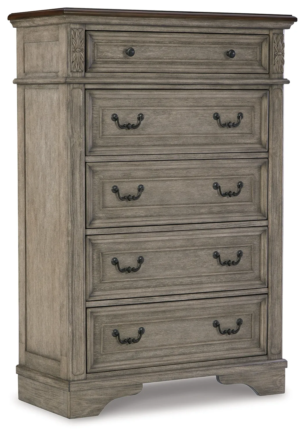 Lodenbay California King Panel Bed with Mirrored Dresser, Chest and Nightstand in Antique Gray
