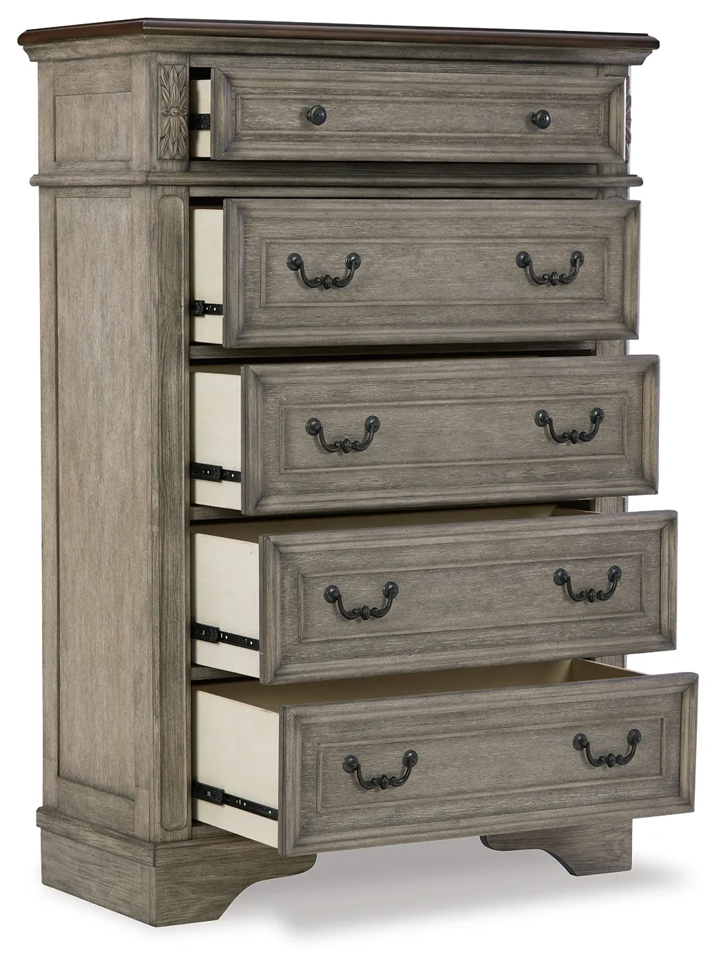 Lodenbay California King Panel Bed with Mirrored Dresser, Chest and Nightstand in Antique Gray