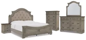 Lodenbay California King Panel Bed with Mirrored Dresser, Chest and Nightstand in Antique Gray