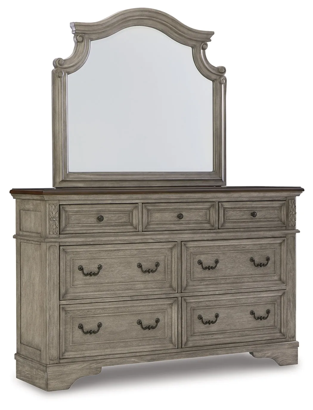 Lodenbay California King Panel Bed with Mirrored Dresser, Chest and Nightstand in Antique Gray