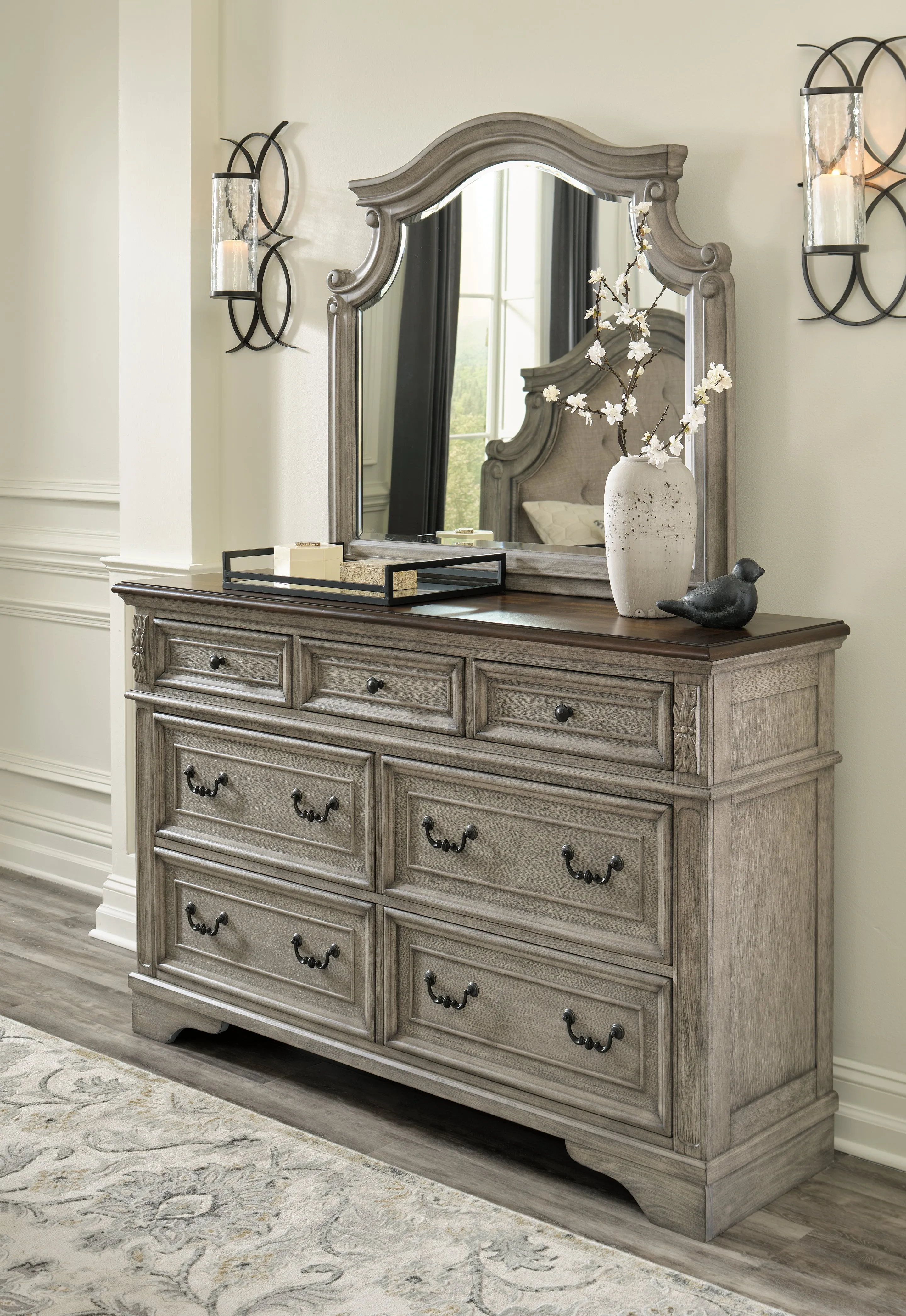 Lodenbay California King Panel Bed with Mirrored Dresser, Chest and Nightstand in Antique Gray