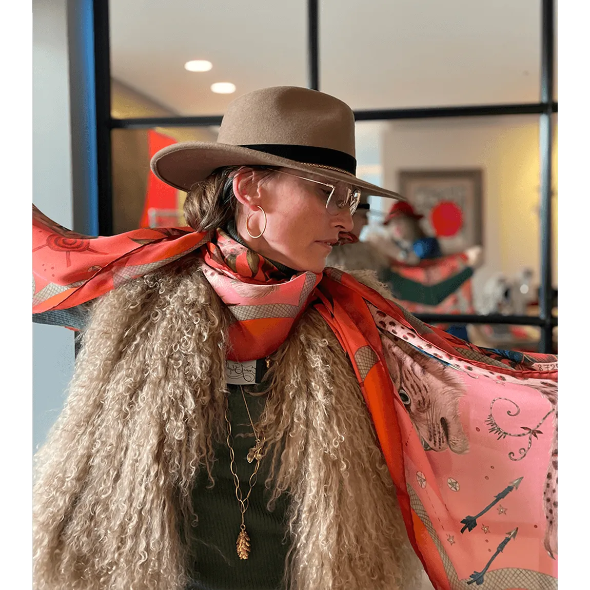 Lynx Silk Chiffon Scarf - Red Leopard Autumn Orange