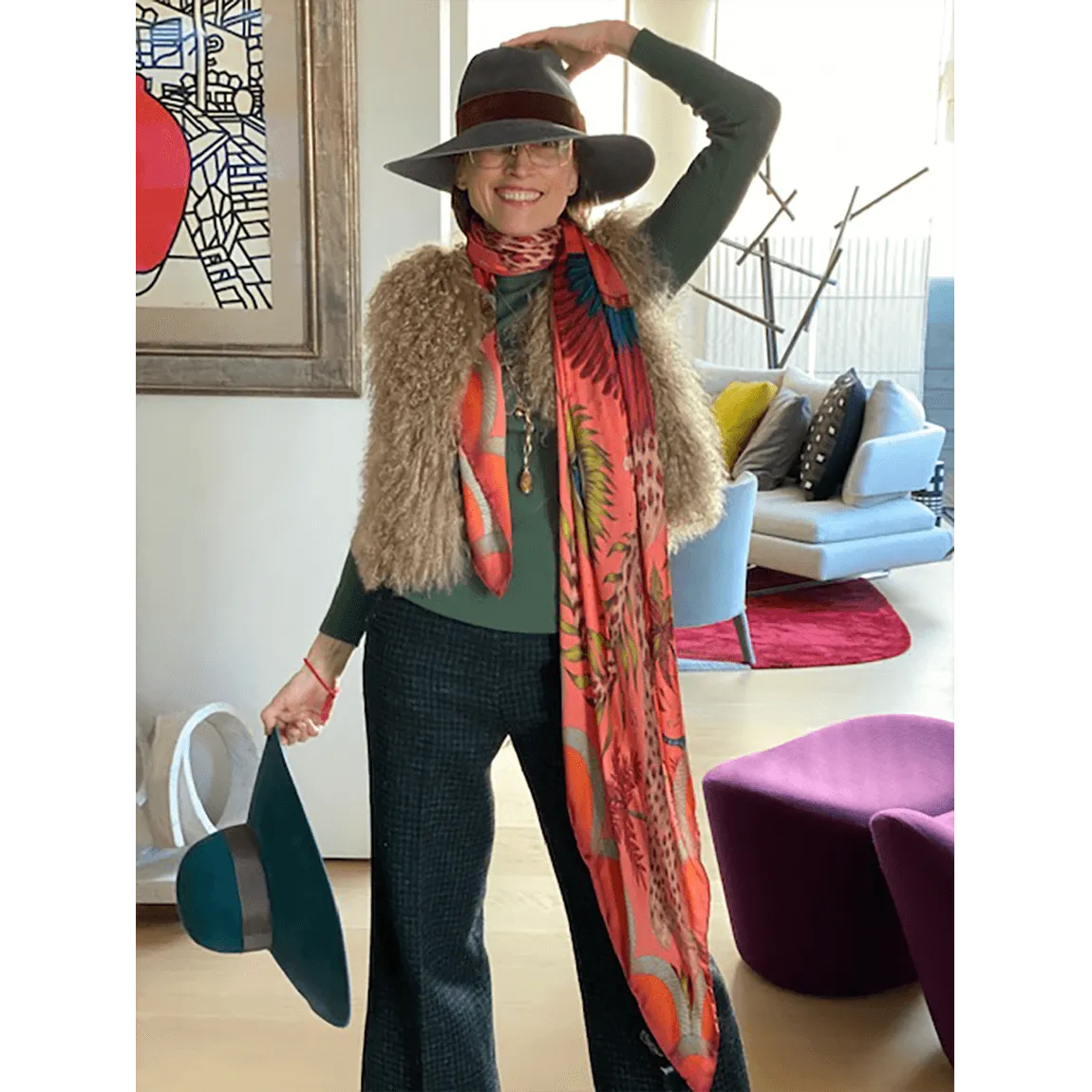 Lynx Silk Chiffon Scarf - Red Leopard Autumn Orange