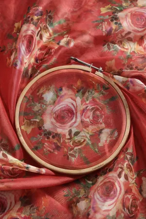 Multi Color Beautiful Floral Butta Digital Print On Red Organza Fabric